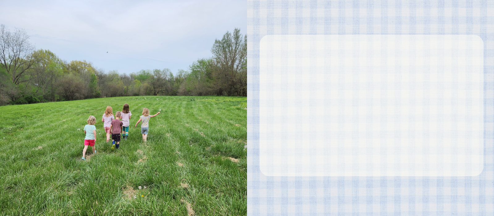 Children running together through a green meadow