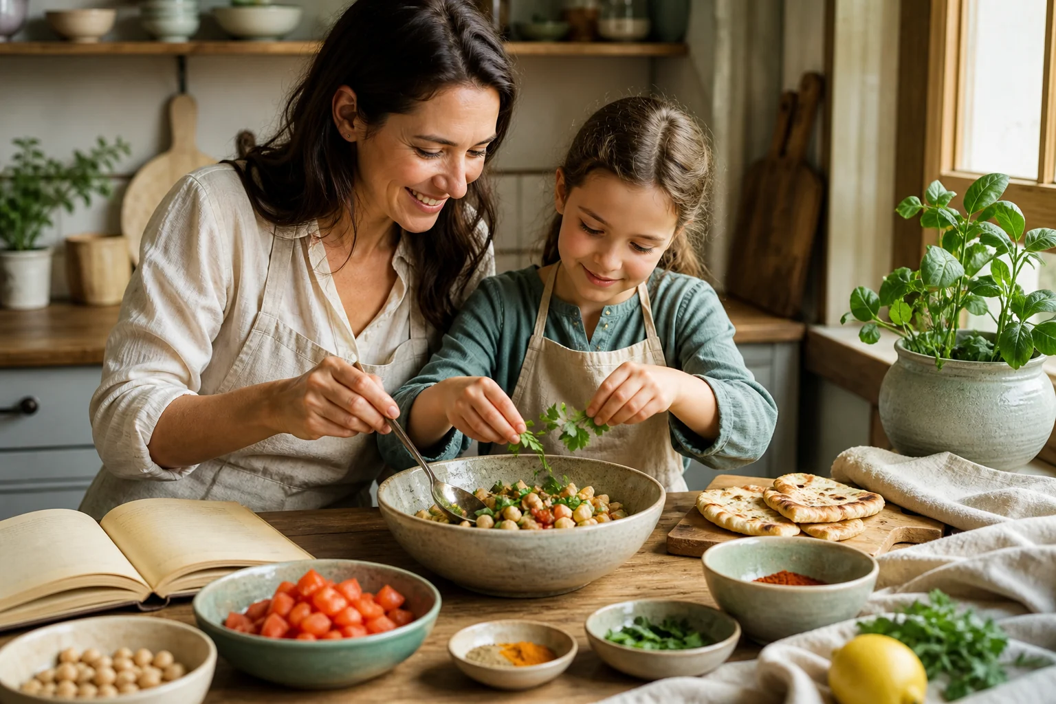 A parent and child prepare a meal together in a bright kitchen.