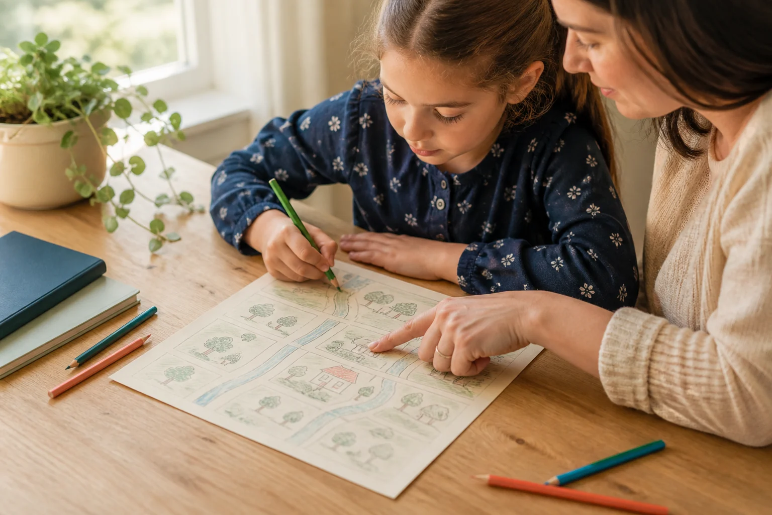 A parent guides a child drawing a neighborhood map at a table.