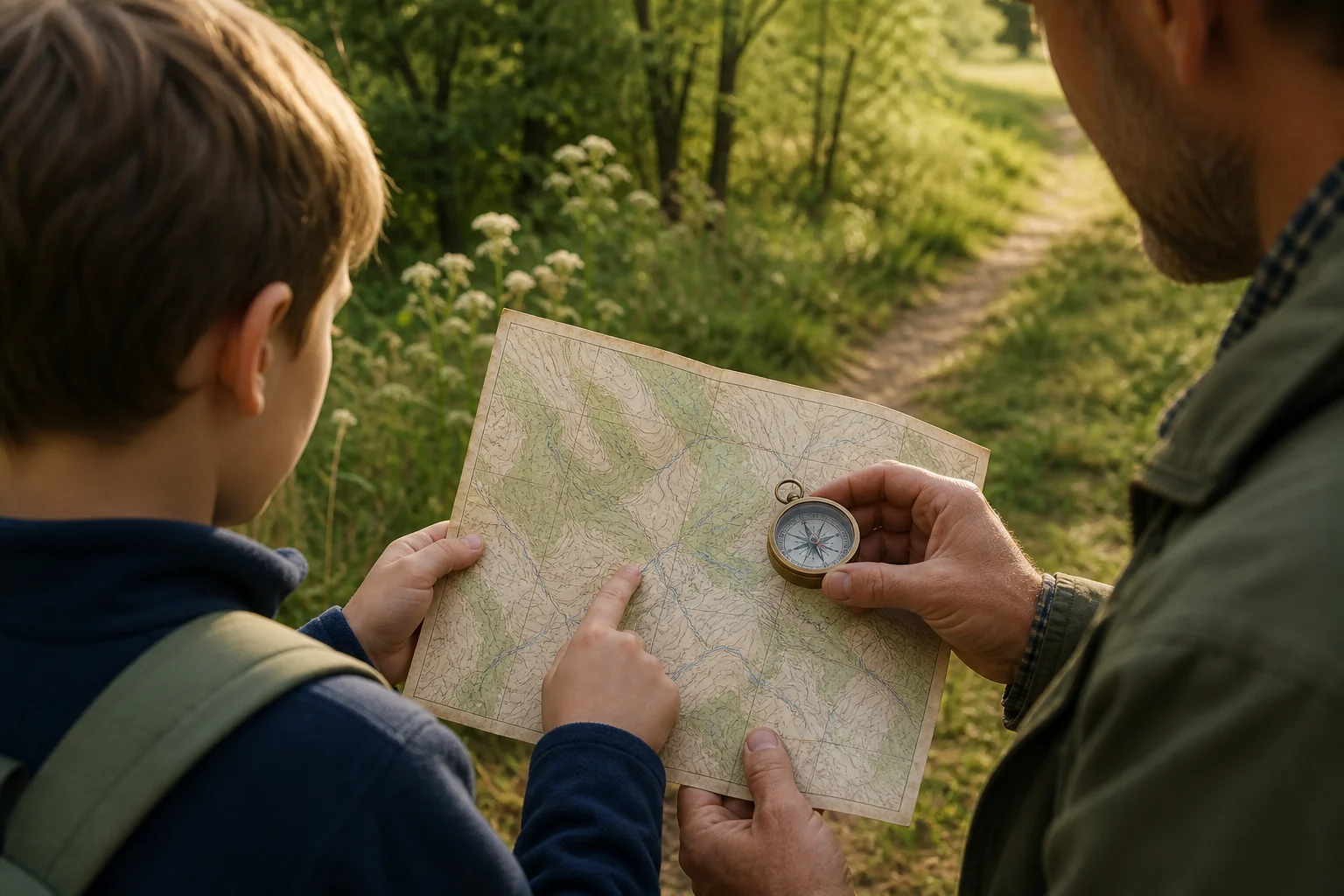 A parent helps a child use a paper map and compass outdoors.