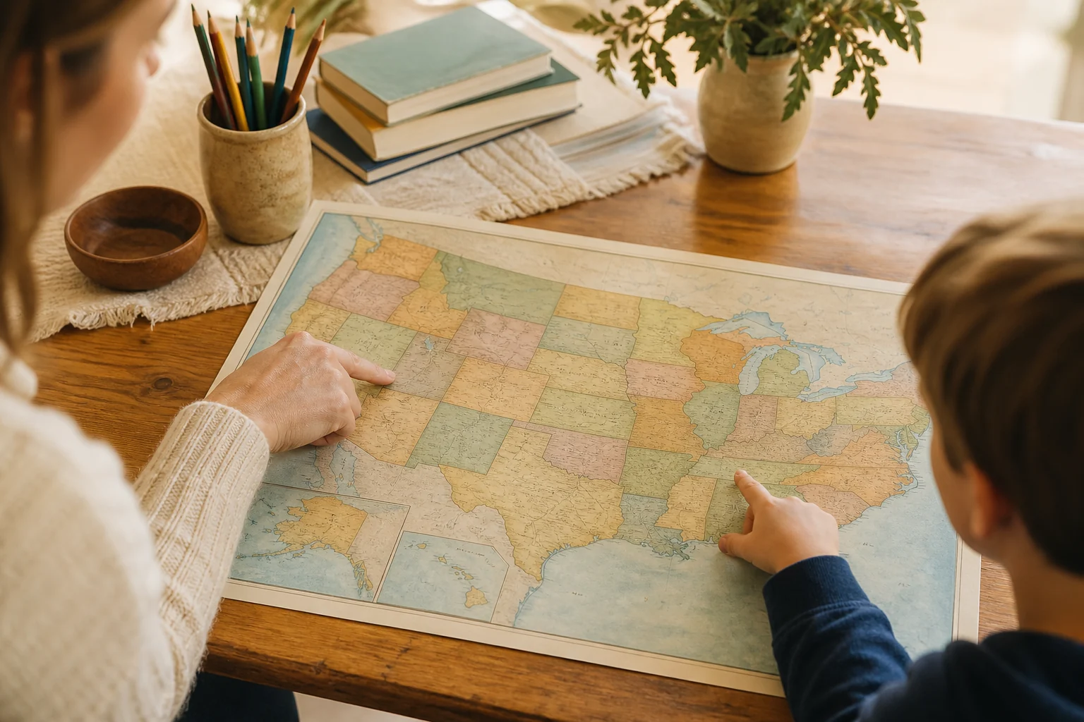 A parent and child point to places on a map of the United States.