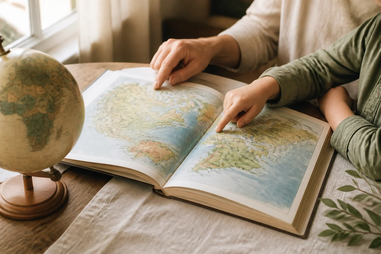A parent and child explore a world atlas beside a globe.